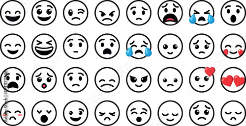 Set of 36 outline emoticons on transparent background