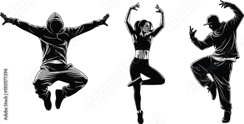 Black and White Silhouette Set of Urban Dancers, Hip Hop Breakdancer Jumping, Modern Dance Girl Posing, Street Culture Performance Icons.