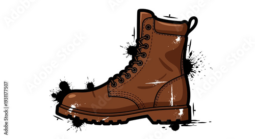 Brown Leather Work Boot with Black Ink Splatters