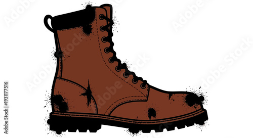 Brown Work Boot with Mud Splatters