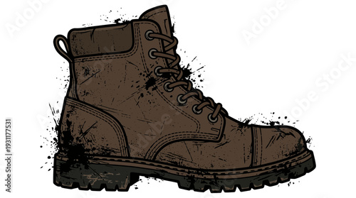 Dirty brown work boot with mud splatters on white background