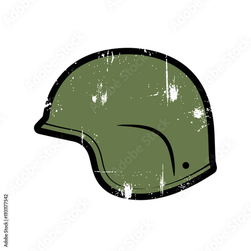 Distressed green military helmet icon, vintage army headwear