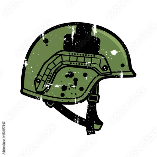 Green military helmet with bullet marks and distressed texture
