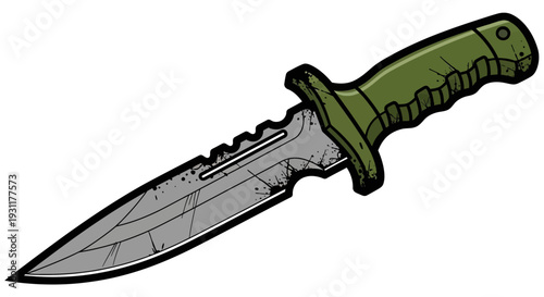 Green handle combat knife with serrated blade