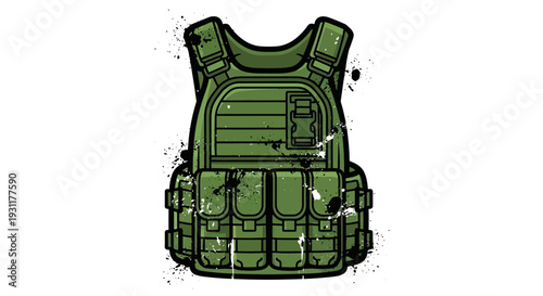 Green tactical vest with pouches, illustration, isolated on white