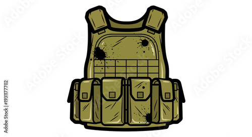 Military tactical vest with pouches, bulletproof protection, khaki color, isolated on white