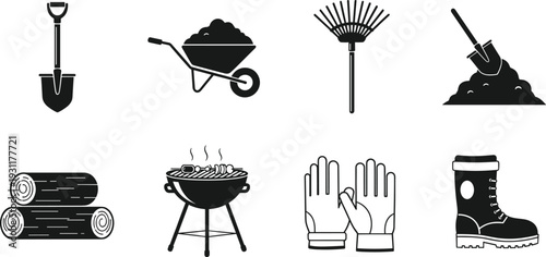 Black and white vector icon set of gardening tools featuring a shovel, wheelbarrow, rake, barbecue grill, work gloves, and boots.
