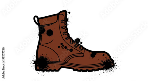 Rugged brown work boot splattered with black paint or mud