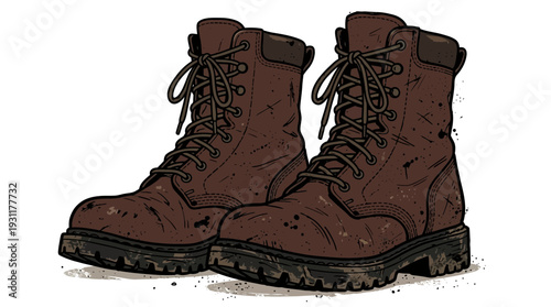 Pair of muddy brown work boots with laces, isolated on white background