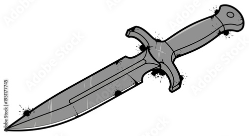 Stylized dagger with bullet holes and splatters, vector illustration