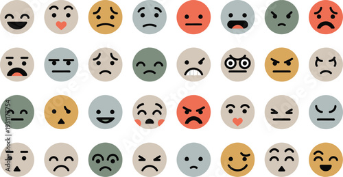 Vintage muted tone circular emoji faces in retro style