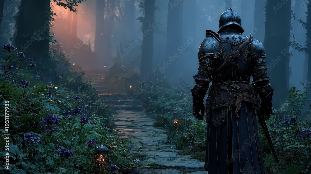 Obraz premium Armored Warrior on Enchanted Forest Path