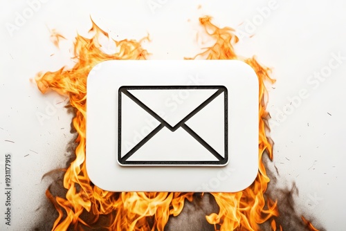 Envelope mail icon engulfed in hot burning flames on white surface