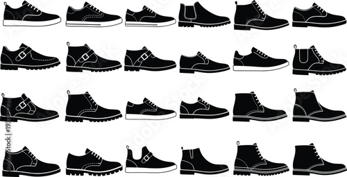 Black and white vector icon set of various men's shoes and boots, featuring formal oxfords, casual sneakers, and stylish leather footwear.