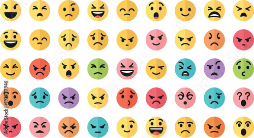 Brightly colored emoji faces portraying diverse emotions