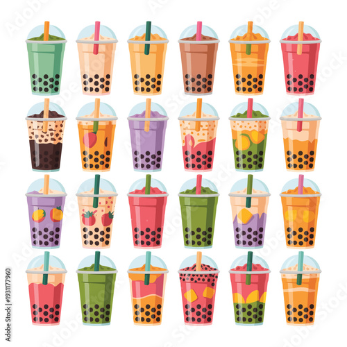 Assorted Boba Milk Tea Cups with Different Flavors Vector Clipart Bundle