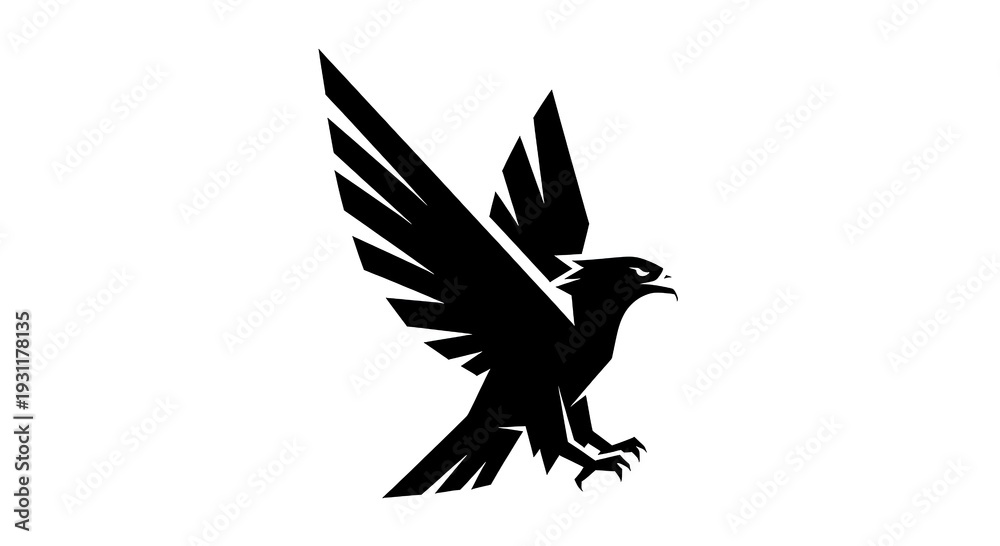 Fototapeta premium Minimalist black silhouette of a flying eagle or hawk with sharp geometric wings, isolated on white background. Symbol of power, strength, and freedom for logo and emblem design.