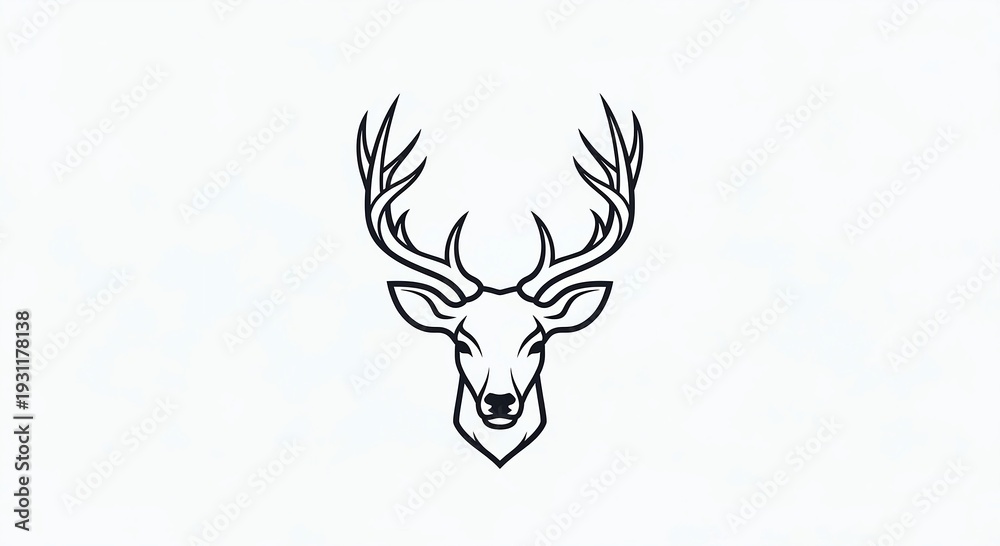 Fototapeta premium Minimalist vector illustration of a deer head with majestic antlers. Hand-drawn black line art style isolated on white background. Elegant buck stag head logo or tattoo design.