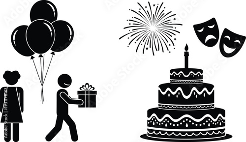 Black and white vector set of celebration icons featuring birthday cake, balloons, gift box, fireworks, and comedy tragedy theater masks.