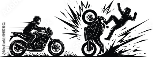 Black and white vector silhouette of a motorcycle accident featuring one rider speeding and another falling off a crashed bike.