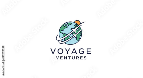 Global travel logo with two airplanes flying around a stylized Earth and sun.
