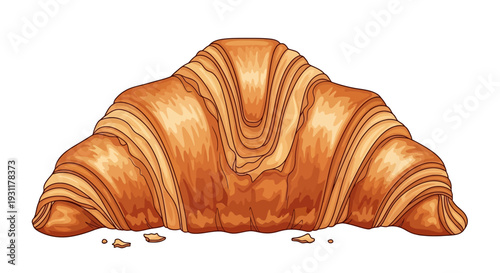 Golden Brown Flaky Croissant Illustration with Crumbs