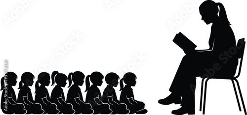Black and white vector silhouette of a teacher sitting in a chair reading a book to a group of children.