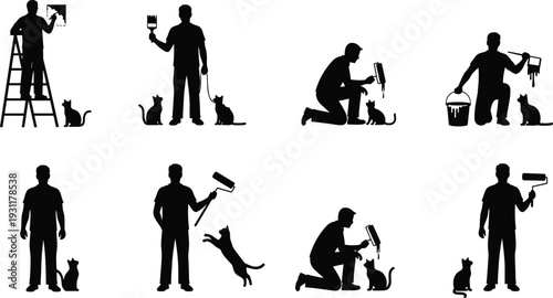 Black and white vector silhouette set of professional house painters using rollers and brushes while working with a pet cat.