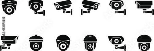 Collection of surveillance camera icons in various styles, representing CCTV monitoring, security technology, safety systems, and video surveillance solutions for property protection and public safety