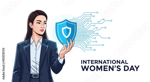 Illustration of a professional woman holding a shield for International Women's Day, symbolizing empowerment and equality with a modern design on a white background.