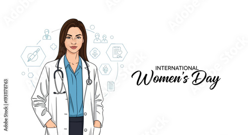 Illustration of a female doctor on International Women's Day with a stethoscope and lab coat, celebrating empowerment and equality in healthcare.