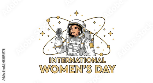 Illustration of a female astronaut in a spacesuit celebrating International Women's Day with a starry background and bold typography.