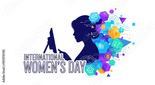 A vibrant illustration celebrating International Women's Day with a silhouette of a woman and colorful geometric shapes on a white background, symbolizing empowerment and equality.