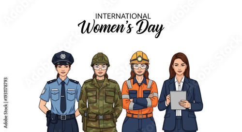 Illustration of diverse women in various professions celebrating International Women's Day with empowerment and equality, featuring a police officer, soldier, engineer, and businesswoman.