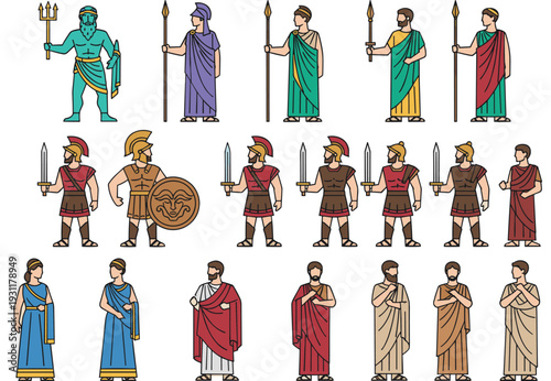 Ancient Roman and Greek Character Icon Set with Warriors, Philosophers, Gods, and Citizens in Traditional Historical Clothing for Education Design