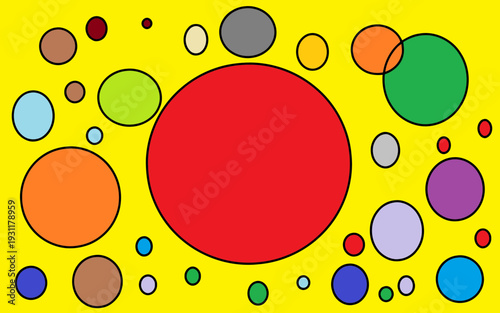 A bright and playful composition of colorful circles and dots in various sizes on a vibrant yellow background. Modern abstract vector design suitable for posters, backgrounds, children’s themes, creat