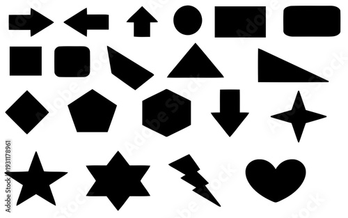 A collection of simple black geometric shapes and icons including arrows, circles, squares, triangles, stars, lightning bolts, and hearts, isolated on a white background. Perfect for graphic design el