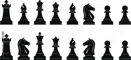 Black chess piece silhouette icon set featuring king, queen, rook, bishop, knight, and pawn for strategy, gaming, and competition design projects.