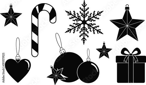 Black Christmas Ornaments Set with Candy Cane, Snowflake, Star, Heart Bauble, and Gift Box Silhouette Vector Icons for Winter Holiday Design