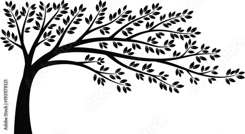 Black curved tree silhouette with blowing leaves, wind swept branch foliage, vector nature plant symbol for landscape design, organic, environmental.