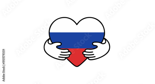 A symbolic heart rendered with Russia national flag colors, gently embraced by loving hands, signifying patriotism, unity, and heartfelt support for a country's identity