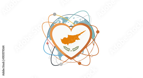 Heart-Shaped Logo Featuring Cyprus Map and Global Unity Network with Orange Blue Connections
