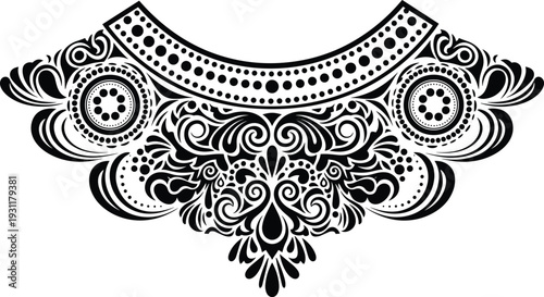 Black Decorative Neckline Pattern with Floral Ornaments and Dots, Ethnic Style Embroidery Design, Elegant Lace Collar Vector Illustration for Fashion.