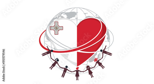 Stylized Malta Flag with Global Heart with People Holding Hands, Red Ribbon and Cross in Unity Graphic Symbolizing Compassion