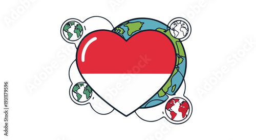 Stylized Indonesian Flag Heart on a Globe, Representing National Pride, International Unity, and a Commitment to Global Environmental Stewardship and Shared Future