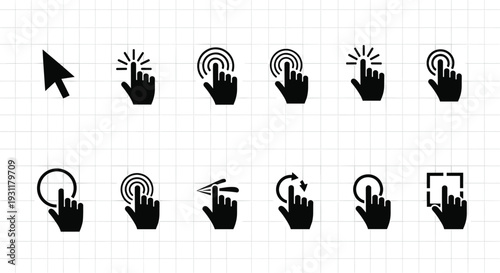 Black hand touch gesture icon set, mouse click pointer, finger tap symbols, interactive screen navigation,