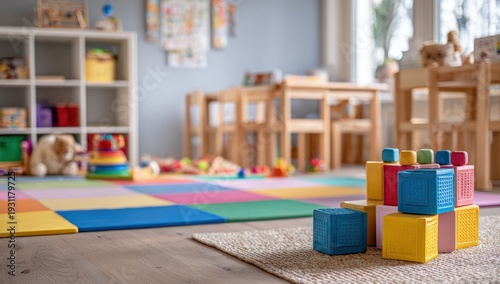 Colorful Blocks in Childcare Center Playroom.