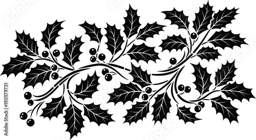 Black holly branch silhouette with berries, winter Christmas foliage icons, vector nature plant symbols for holiday seasonal organic decorative design.