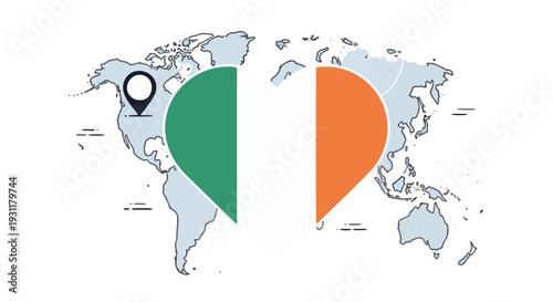 Global Irish Connections Heartfelt World Map Illustration Featuring the Flag of Ireland, Symbolizing Cultural Heritage, Diaspora, and International Bonds
