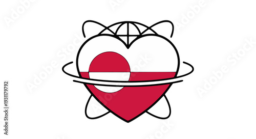 Emblematic graphic showcasing a heart adorned with the distinctive national flag of Greenland, encircled by abstract orbital lines, symbolizing global connection